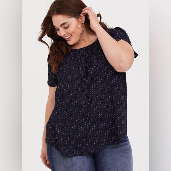 Torrid Navy Dots Pleated Blouse - Picture 1 of 8